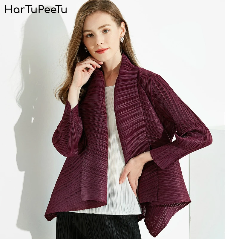 

Spring Jacket Women Thin Coat 2020 Summer Japanese Simple Tops Pleated Outwear Solid Color Cardigan Turn-down Collar Back Split