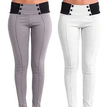 

Women Color Block High Waist Leggings Skinny Pencil Pants with Buttons Decor