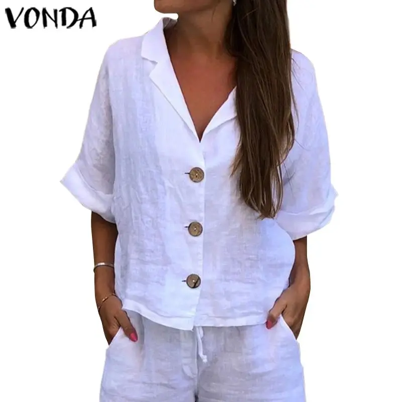 Белая Туника, женские топы, винтажные повседневные свободные блузки, VONDA,, летние пляжные рубашки, богемные Сексуальные вечерние топы размера плюс, блуза