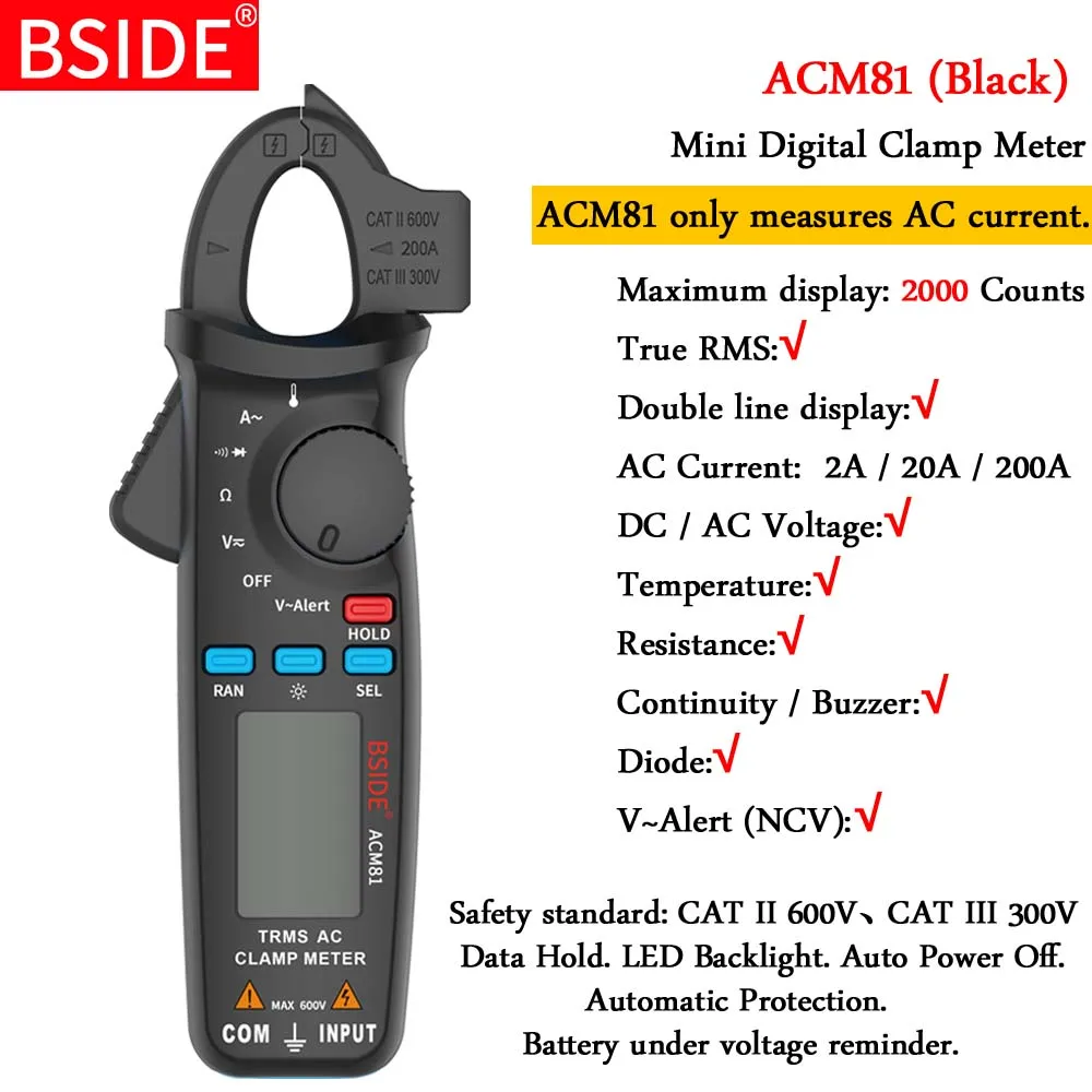 Мини Цифровые токовые клещи BSIDE ACM серии True RMS постоянного тока в переменный ток Напряжение Ом темп постоянной ёмкости, универсальный конденсатор Гц бесконтактная проверка напряжения переменного тестер Амперметр мультиметр - Цвет: ACM81-black