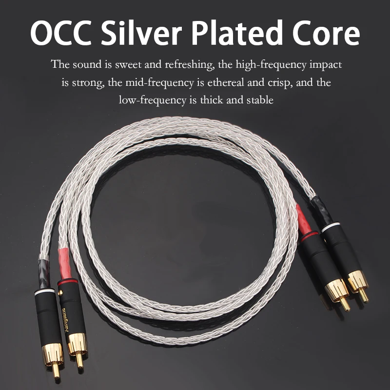 Посеребренный 8 жильный Hi Fi аудиосигнальный кабель xangжане OCC 2RCA усилителя