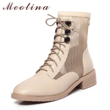 

Meotina Ankle Boots Women Shoes Round Toe Block Heels Button Mid Heel Cutouts Short Boots Lace Up Zip Lady Boots Black Size 43