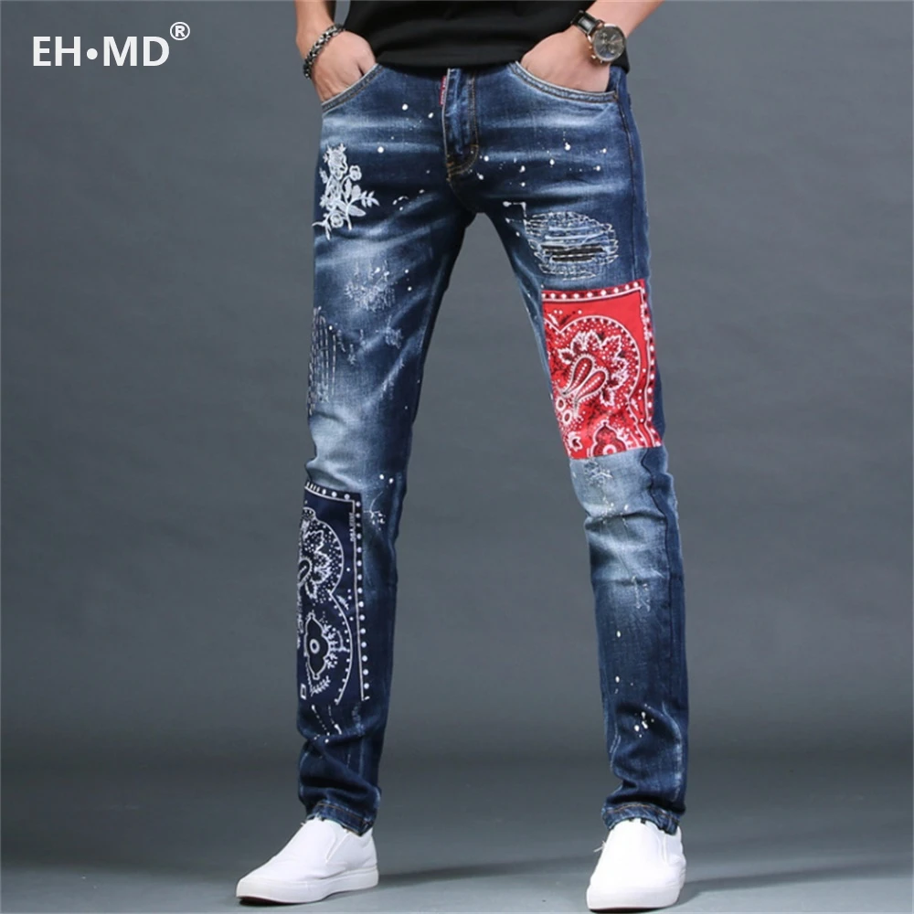 

EH·MD® Embroidered Patch Jeans Men's Painted Ripped Hole Ethnic Style Decoration Micro Chapter Scratched Cotton Slim Pants Plaid