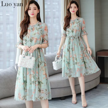 

2020 Elegant Green Floral Chiffon Chic Midi A-Li e Dresses Summer 3XL Plus Size Print Vintage Dress Women Bodycon Party Vestido