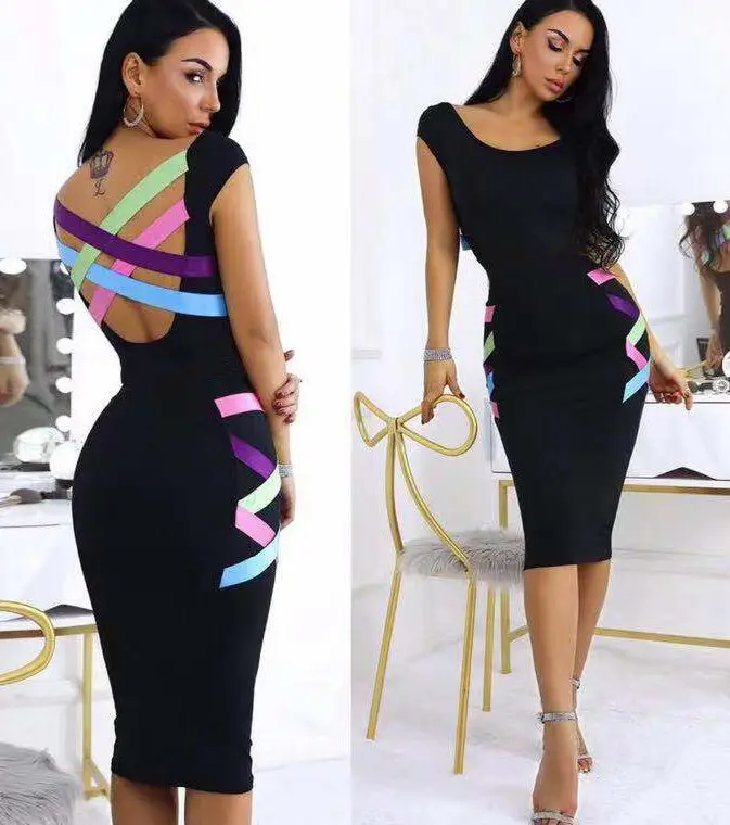 2020 Sexy Bandage Dress Backless Lace up Multicolor Mini Pencil Celebrity Lady Sleeveless Strappy Bodycon Casual Dobanmbd | Женская