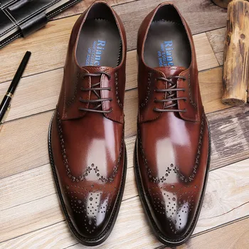 

High Quality Pointed Toe Brogue Shoes Men's British Style Fashion Loafers Handmade Lace-up Wedding Italian Dress Shoes