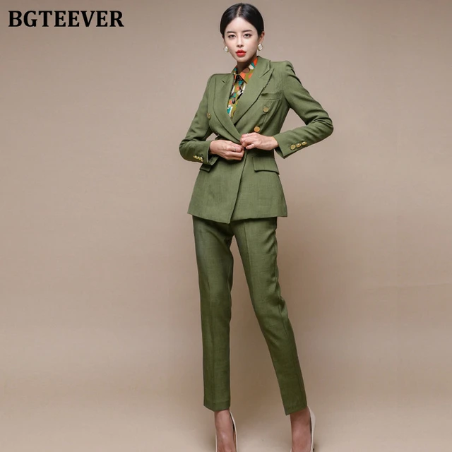 Fashion Green Pant Suits Women Double Breasted Trousers Blazer Set Office  Lady 2 Piece Sets Female Business Work Wear Uniforms - AliExpress