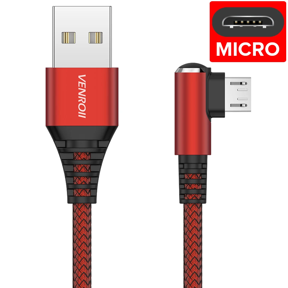 Red Venroii кабель Micro USB для быстрой зарядки 90 градусов игровой шнур провод для передачи данных для мобильного телефона для samsung Xiaomi Redmi Note 5 huawei Honor 8X - Цвет: Red