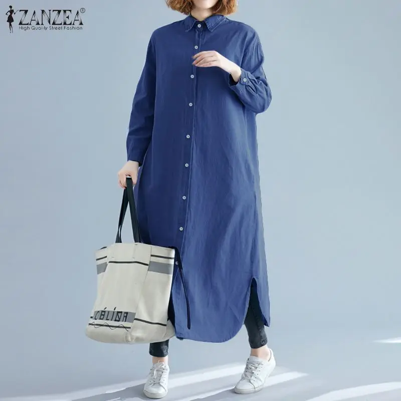 Женское длинное Макси-платье ZANZEA, элегантное женское Повседневное платье на пуговицах, Женские однотонные платья с длинным рукавом и карманами, сарафан для вечеринки