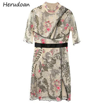 

Herudoan Fashion Designer Summer Dress Women Stand collar Mesh Sequined Side split Embroidered Vintage Mini Dress Vestido