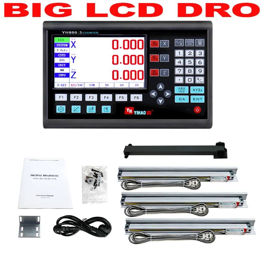 Полный комплект с 3 Осями Dro, большой ЖК-дисплей, цифровой контроллер индикации с 3 шт., линейная линейка 5U, линейная оптическая линейка от 50 до 1000
