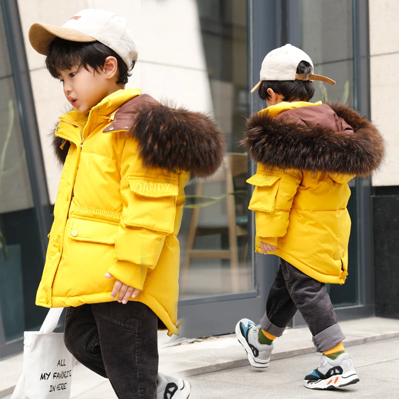 Г. Высокое качество; зимнее теплое пуховое пальто для маленьких мальчиков и девочек; зимний комбинезон; детская парка; Детское пальто с натуральным мехом - Цвет: Цвет: желтый