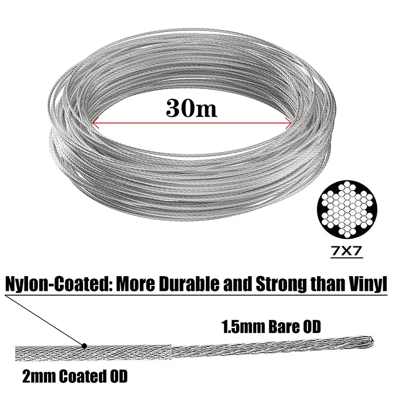 30m Acier inoxydable Câble Kit de suspension / câble métallique 2mm Pvc,  corde de jardin avec M5 Tensioner Câble Crochet et œil