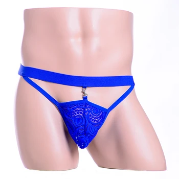 

Men's Sexy Low Rise Underwear Peacock Tail Lace with Key Chain Thong Mini Briefs