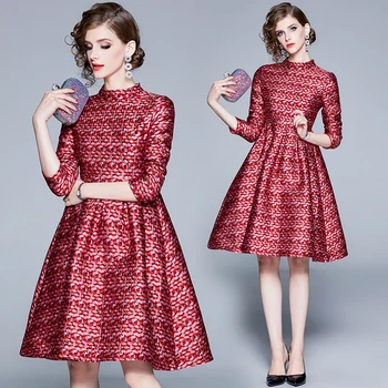 

Women's Fashion Jacquard Plaid Slim Fit O-neck Dress Office Lady Knee-Length A-line Dress ML714 Women's Spring Autumn New Dress