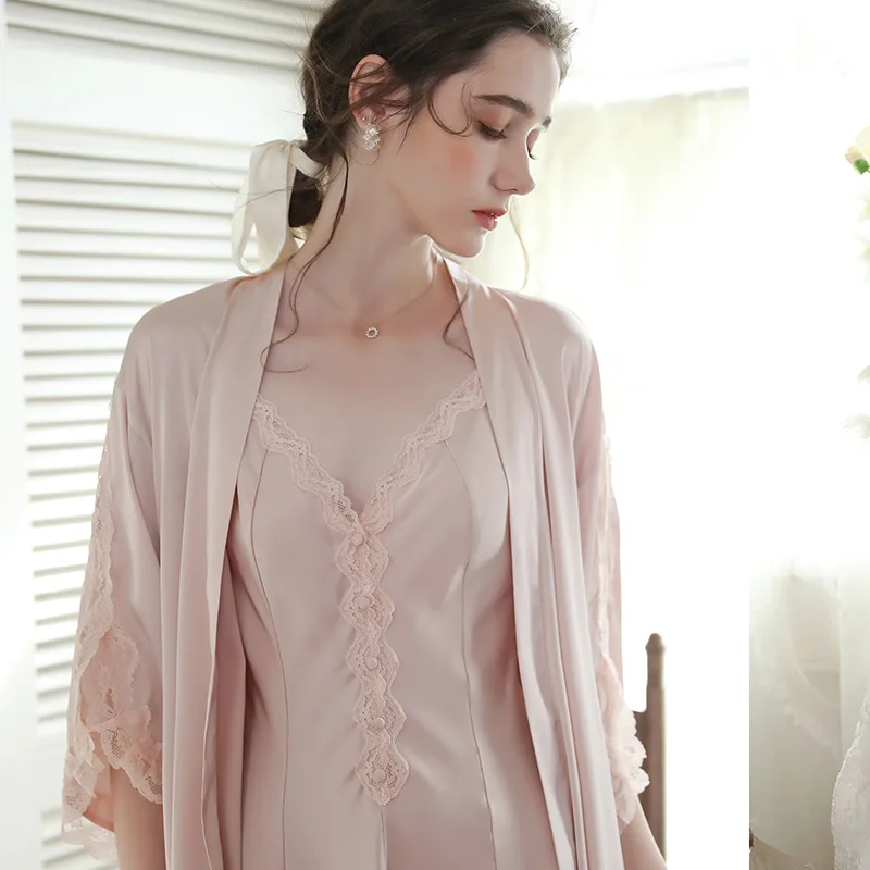 

2pcs Nighty&robe Set Sleepwear Pink Satin Kimono Bath Robe Gown Women Lace Twinset Intimate Lingerie Casual Homewear Nightdress
