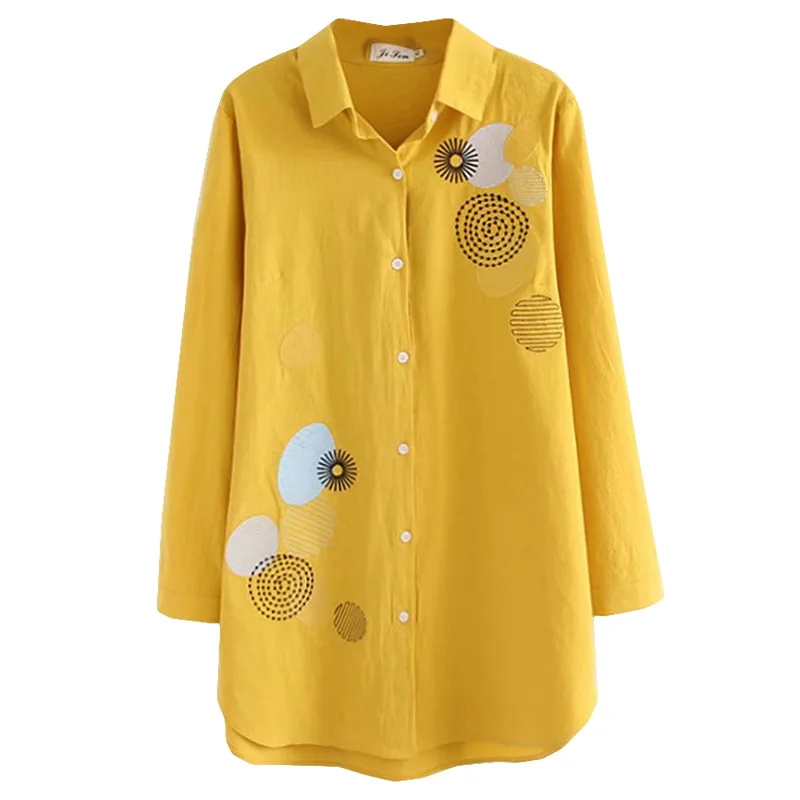 Shirts Blouses Oversize Long-Sleeve Women Autumn Linen Cotton Embroidery Loose S83-068