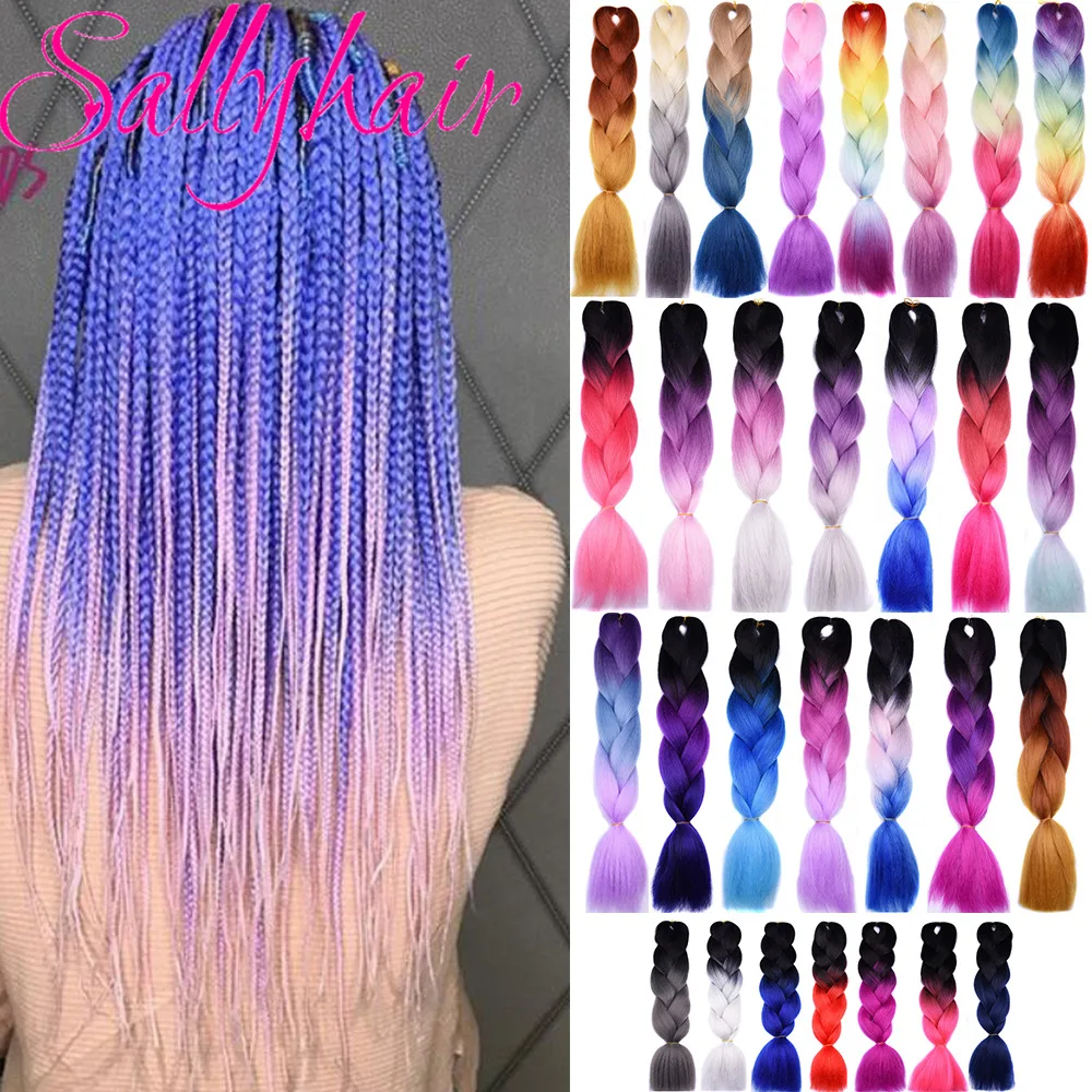 Sallyhair 24 дюйма Омбре плетеные волосы 2 тона синие фиолетовые розовые цветные
