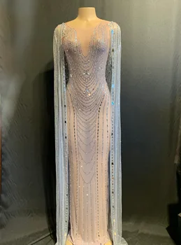 

Free DHL Sparkly Crystals Cloak Dress Outfit Luxurious Mesh Perspective Dress Evening Costume Dress Birthday Celebrate Dress