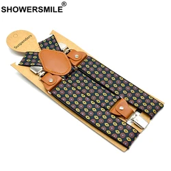 SHOWERSMILE Suspender Pants Men Sun Flower Print Straps 3 Clips Suspender Y Back Adjustable Black Braces Male Suspender Belt Man