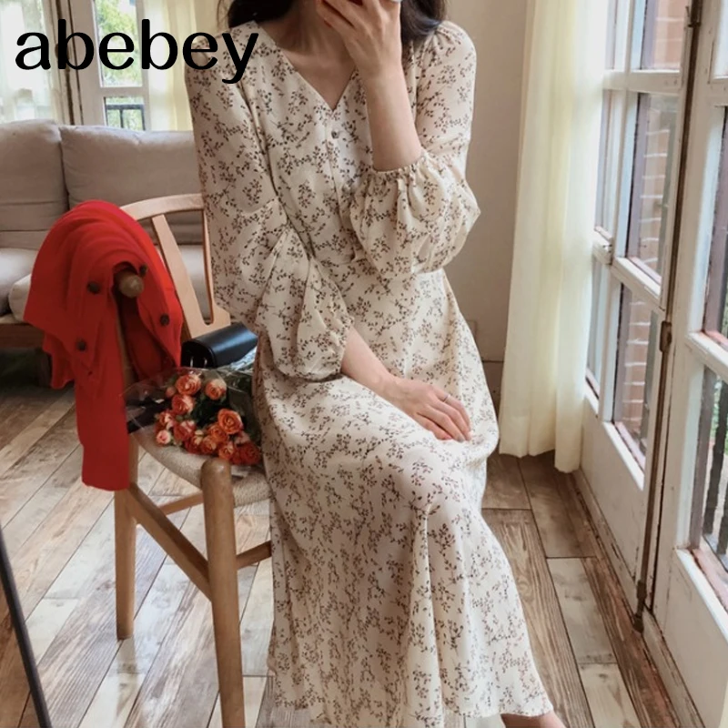 Vintage V-neck Buttons Lace-up Female Chiffon Dress Full Sleeve Midi Elegant Casual Floral Print Women 2022 | Женская одежда