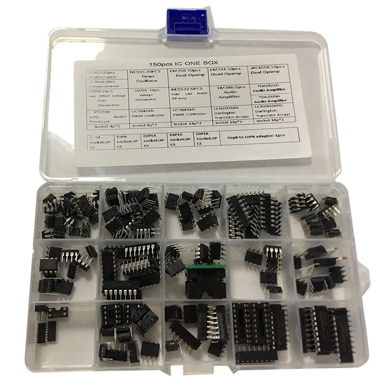 MOOL IC Chip Assortment 150PcsOpampOscillatorPwmPC817NE555LM358LM324 JRC4558LM393LM339NE5532 Incl. Sockets