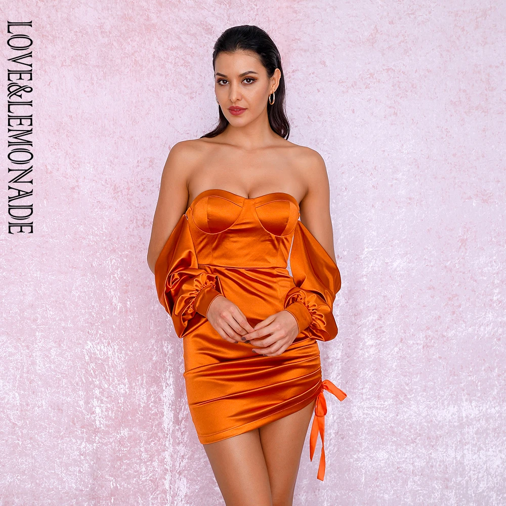 LOVE&LEMONADE Sexy Orange Off-The-Shoulder Tube Top Loose Sleeves Smocked Tiestring Bodycon Mini Party Dress LM81972