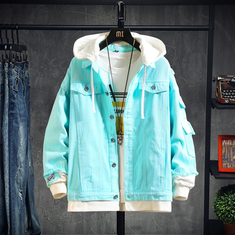 2020 Pink Black Green Jeans Jacket Men Slim Streetwear Ripped Denim Jacket Hoodie Men Hip Hop Bomber Jacket Homme Autumn 2020 Pink Black Green Jeans Jacket Men Slim Streetwear Ripped Denim Jacket Hoodie Men Hip Hop Bomber Jacket Homme Autumn