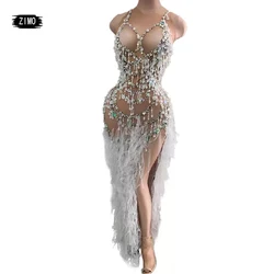 Tassel Crystal Mesh long Dress sexy High Split Evening Party club Dresses for womens wedding Singer Prom Birthday stage costume