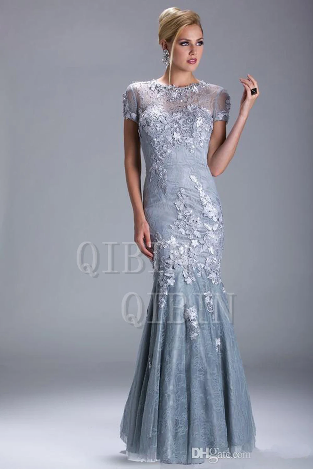 

Sexy silver mermaid evening dress short-sleeved beaded/trumpet bride's mother dress prom costume W287