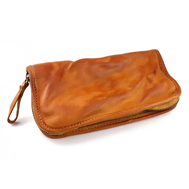 

Genuine Real Leather Long Wallets Vegetable Tanned Leather Vintage Zipper Coin Purse Men Male Mobile Phone Clutch Bag Card Case