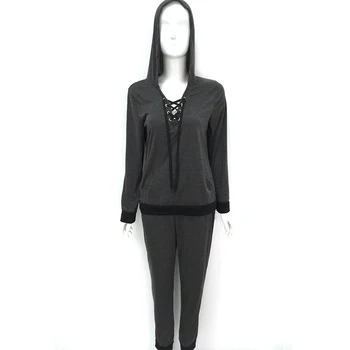 

Women Spring and Autumn casual long sleeve hooded solid color Pullover lacing top+ Straight Pants suit