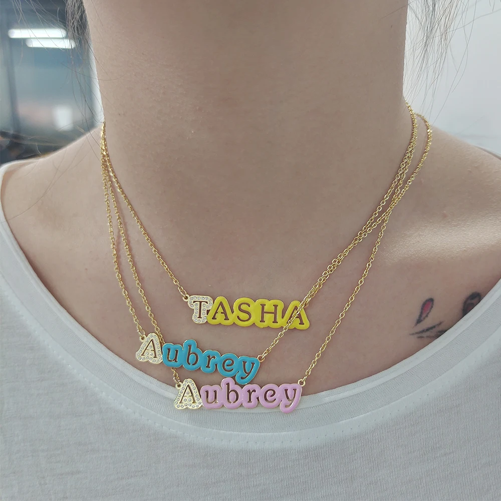 LUER New Customized Name Necklace/Zircon Colorful Alloy Enamel Letter Pendant Necklaces for Women Hip hop Jewelry Birthday Gifts necklaces mama simple alloy necklace in gold size one size