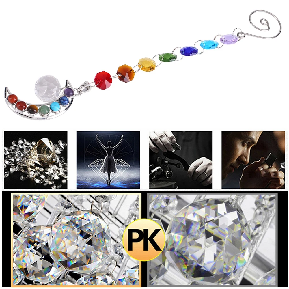 Puseky кристалл натуральный лунный камень Suncatcher хрустальный шар-Призма Half-Moon ручной работы Радужный шаровой маятник подвесной кулон