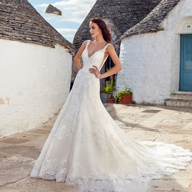

BAZIIINGAAA Luxury Wedding Dress V-neck Card Shoulder Wedding Dress Sexy Backless 3D Decal Bride Support Tailor-made