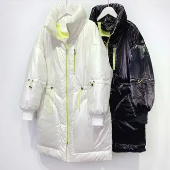 

Winter White Duck Down Jacket Woman Side Bright Long Down Coat Girdle Tie Parkas Woman Warm Street High Garments