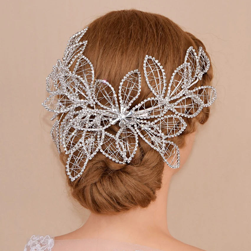 

Fashion Full Clear Rhinestones Silver Leaf Wedding Hair Vine Headband Bridal Headpiece Hair Accessories Women Head Chain Jewelry