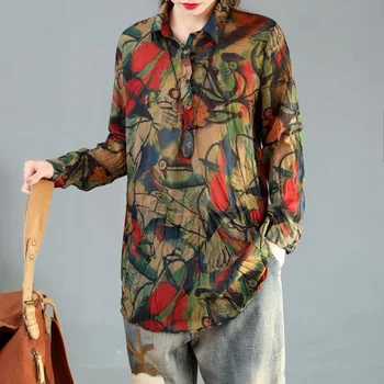 

2020 Spring Korean Fashion Ladies Linen Tops And Blouses Womens Printed Lapel Shirts Casual Vintage Cotton Clothes SA733S30