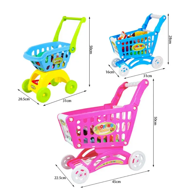 Childrens Shopping Trolley Cart Play Food Set Kids Pretend Shop Push Along Toy