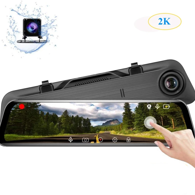  IPS 12 Inch Dash Cam Rear View Mirror Dashcam with FHD 2K+1080P Dual Lens Contact Screen Mirror Das