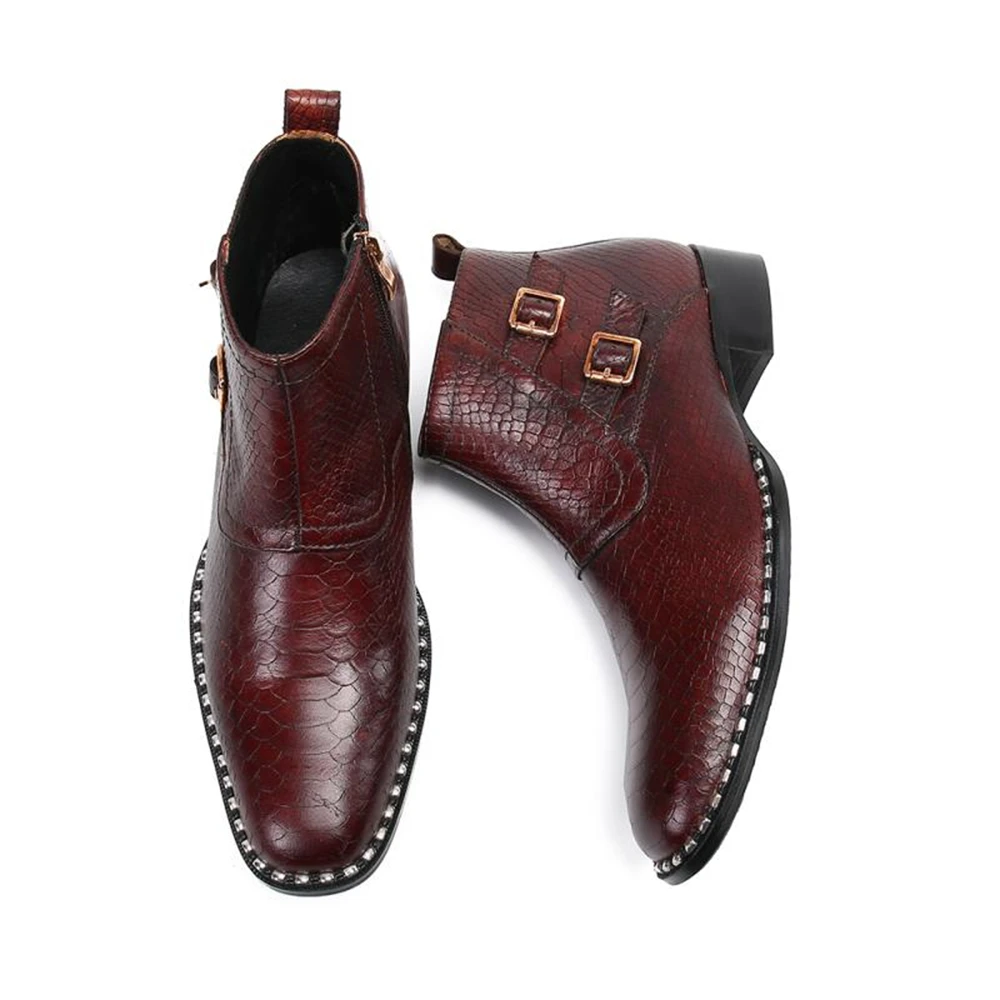 Autumn Winter Leather Chelsea Boots Men High Top Shoes British Classic Ankle Boots Wine Red Crocodile Leather Short Boots