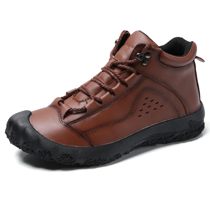 WeiDeng Big Size 38-48 Genuine Leather Casual Snow Military Boots Men Winter Walking Shoes Warm Waterproof Non Slip Flats Soft - Color: Brown