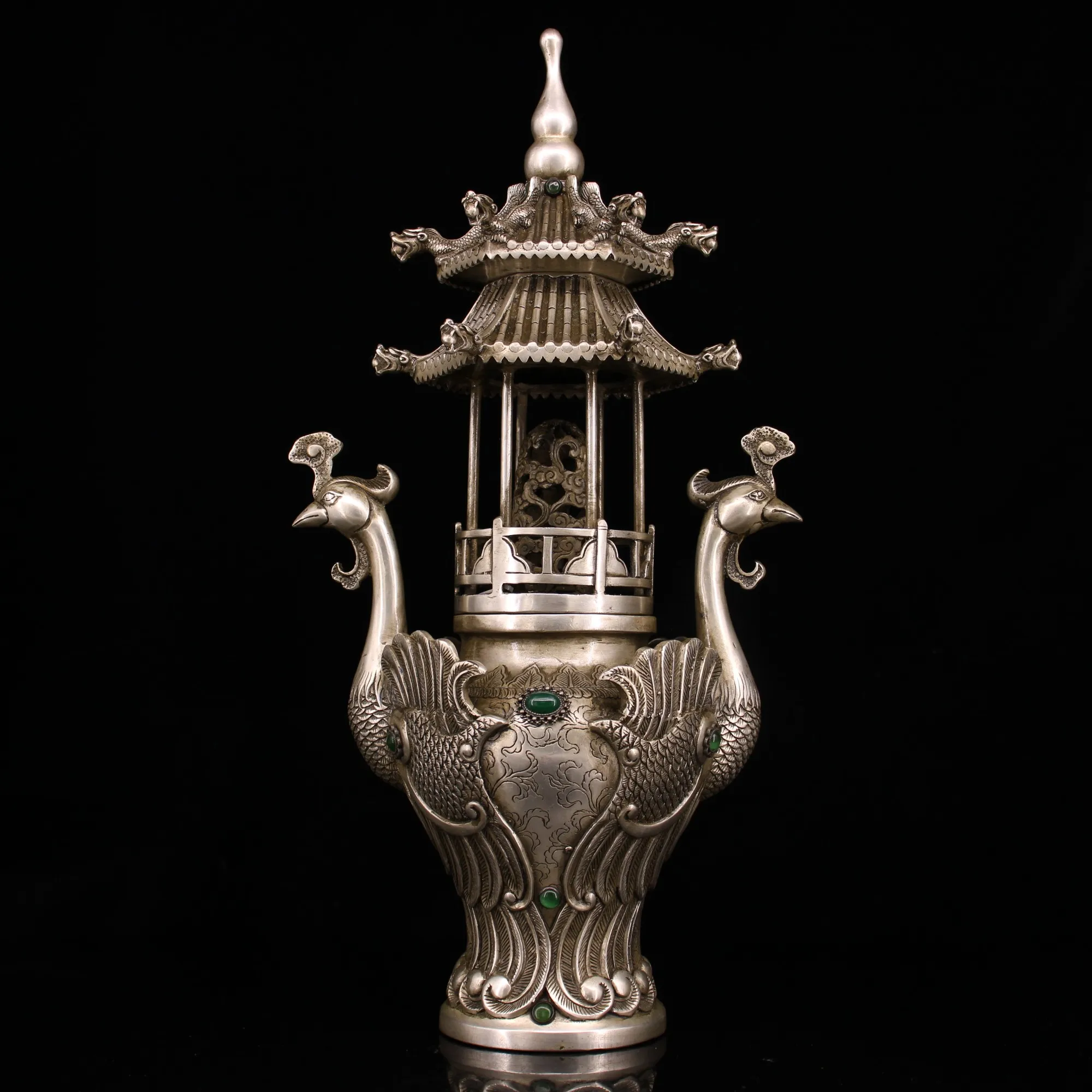 

18"Tibetan Temple Collection Old Bronze Gilt silver Mosaic Gem Phoenix Peacock Ear Tower Incense Burner pagoda Town House