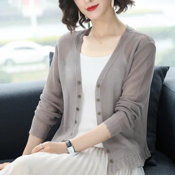 

New ladies solid color short-sleeved long-sleeved knitted cardigan button sunscreen 2020 gray