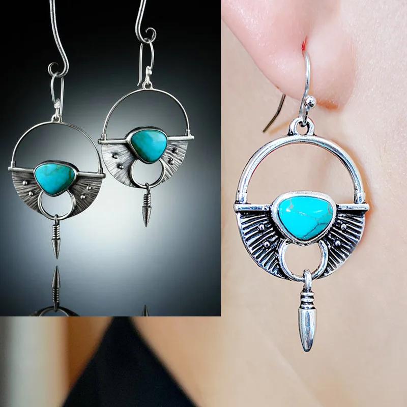 Earrings D363 Богемные металлические серебряные полые большие круглые висячие серьги винтажные Подвески инкрустировано синим камнем женские преувеличенные серьги Z3D251 - Окраска металла: Earrings D363