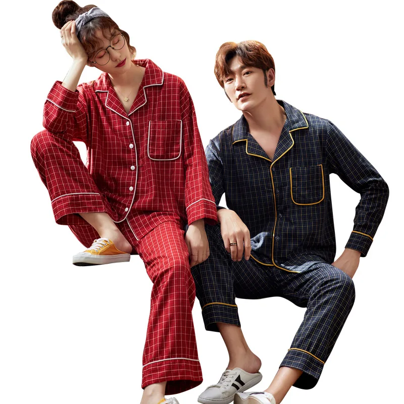 

Couple's Pajamas Women's Spring and Autumn Korean-Style New Cotton Simple Checkered Handsome Men's Leisure Tops