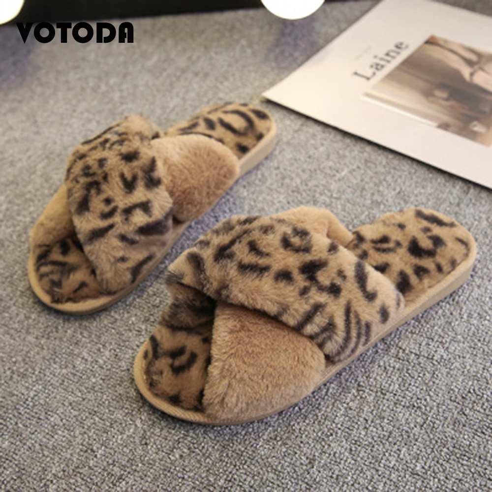 

Fashion Winter Leopard Cross-tied Slippers Warm Plush Shoes Furry Indoor slippers Flat Soft Furry Female Open Toe Cute Flip Flop