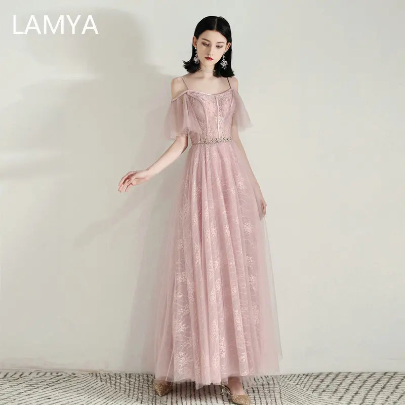 

LAMYA Crystal Sashes Evening Dress 2020 Spaghetti Straps Long Formal Party Dresses Sexy Robe De Soiree Evening Prom Gowns