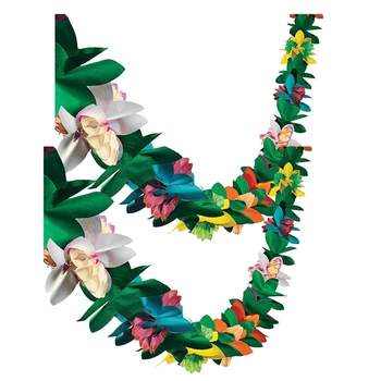 

NEW-Paper Garland Decorations, 2PCS Hibiscus Garland Tissue Flower Banner Tropical Paper Flowers Luau Party Decorations