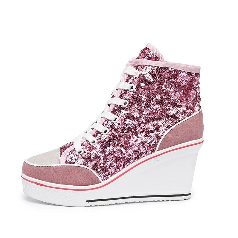 

Plus Size Platform Wedges Shoes for Women Casual Shoes High Top Sneakers Heels Sequined Cloth Pink Shoes Fashion Chunky Sneakers
